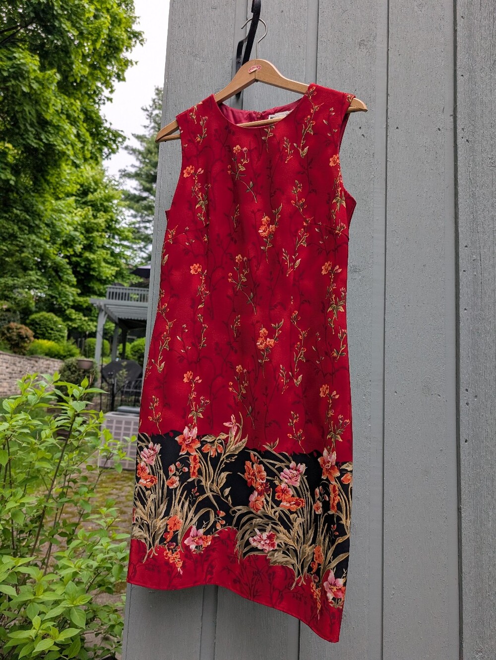 Sleeveless Red Floral Midi Dress with Black Contrasting Hem - Women